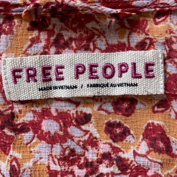 Free People Tiered Kimono Tie Front Orange Red Pattern Flowy Lightweight Blouse - Picture 11 of 14